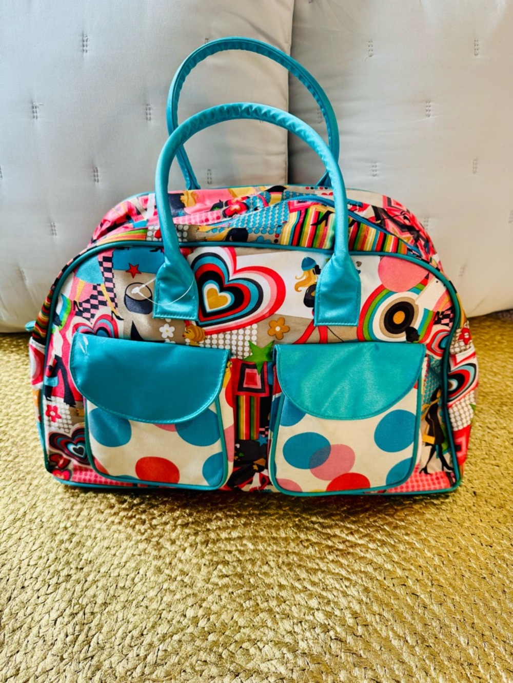 Home Interiors Colorful Teal Bag for Travel, Gym orWeekender Retro Pattern